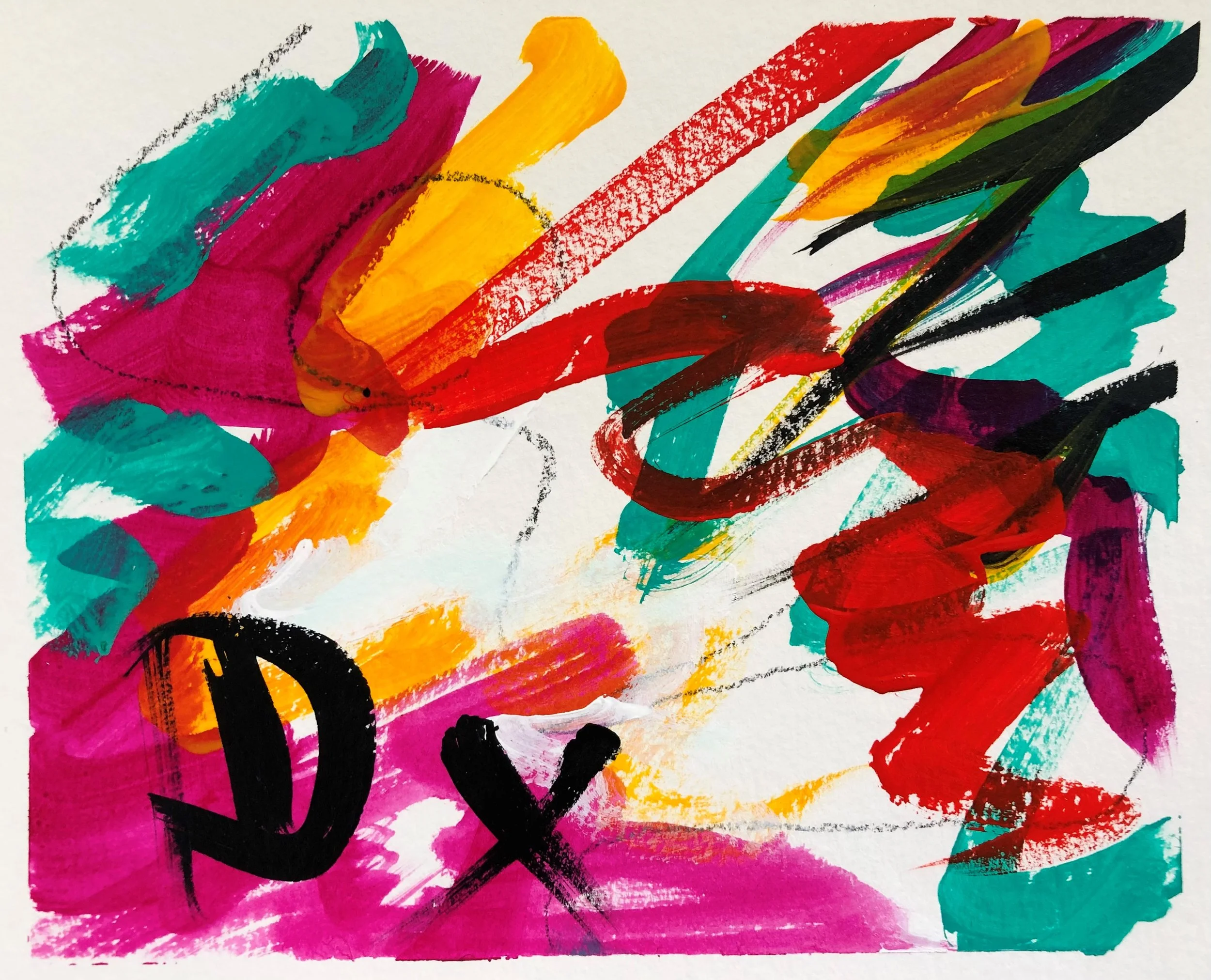 Colorful abstract art with bold brush strokes in pink, teal, yellow, red, orange, black, and purple, featuring the letters 'D' and 'X' in black.
