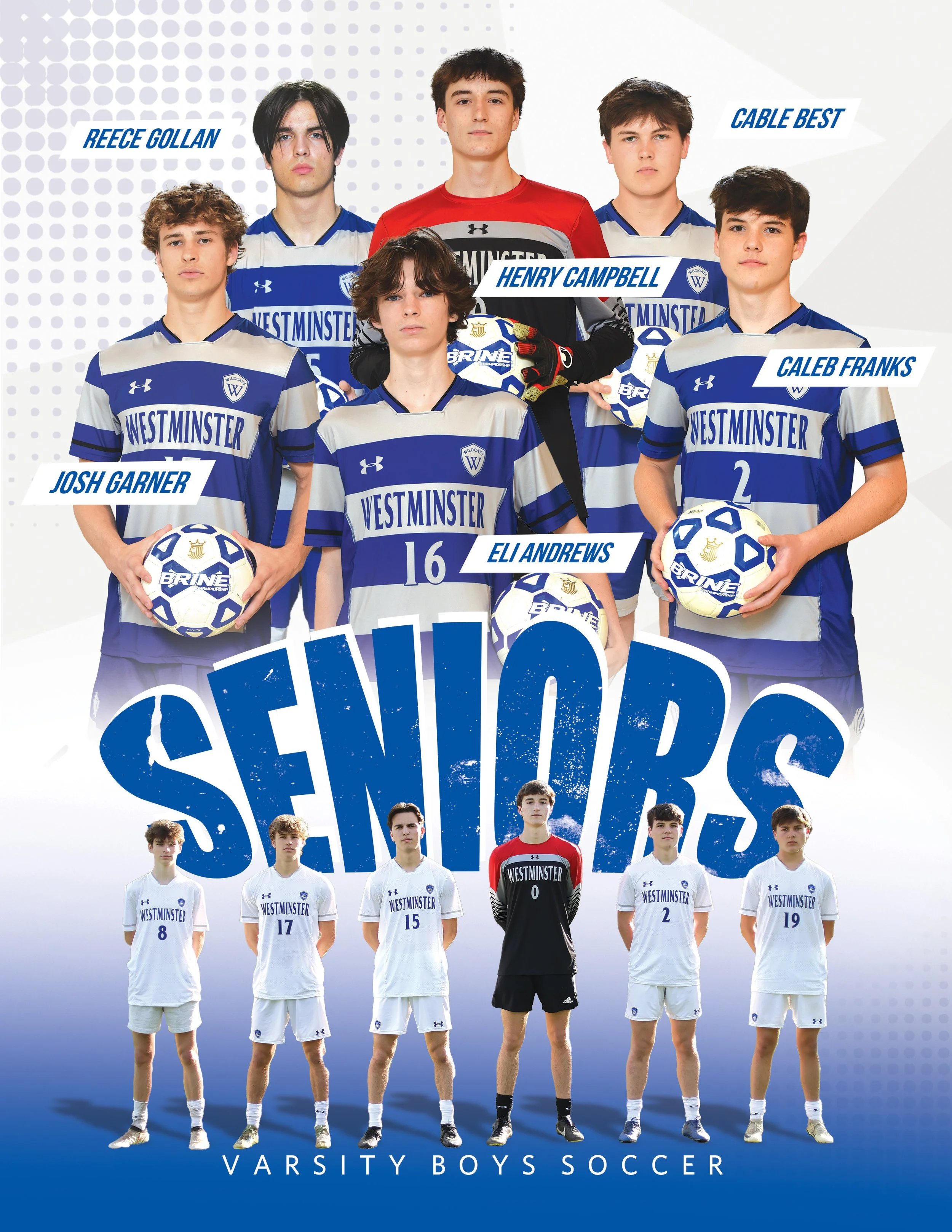 Group photo of Westminister boys varsity soccer team with players in blue and white uniforms, and a few in white uniforms, standing in front of a gradient blue background with the word 'SENIORS' in large blue letters.