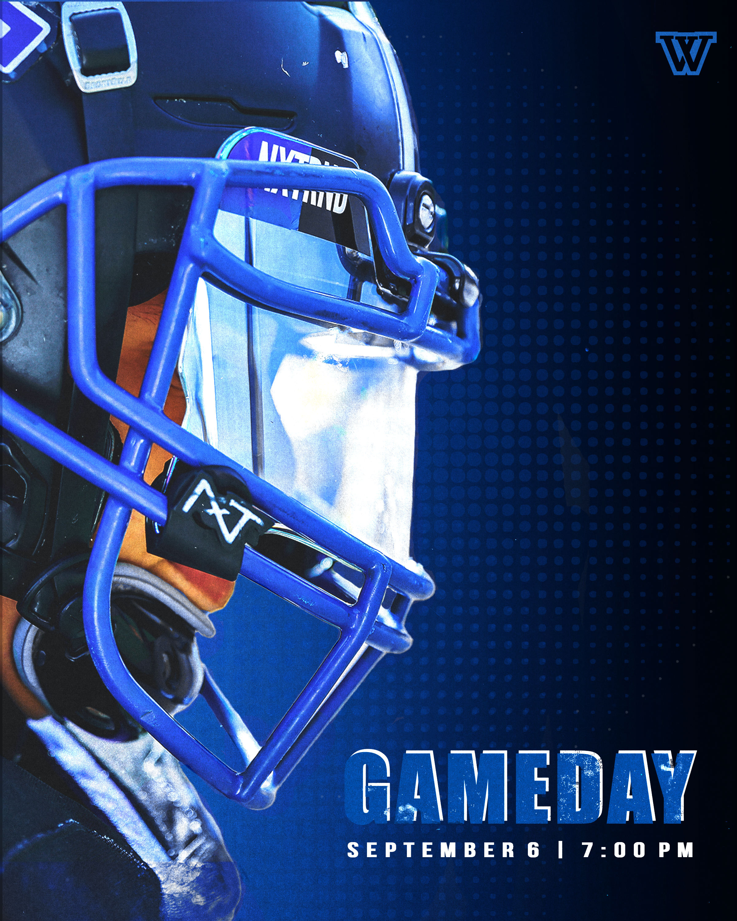 Close-up of a football helmet with a blue faceguard, against a blue dotted background. The event details 'GAMEDAY September 6, 7:00 PM' are displayed on the lower right corner.