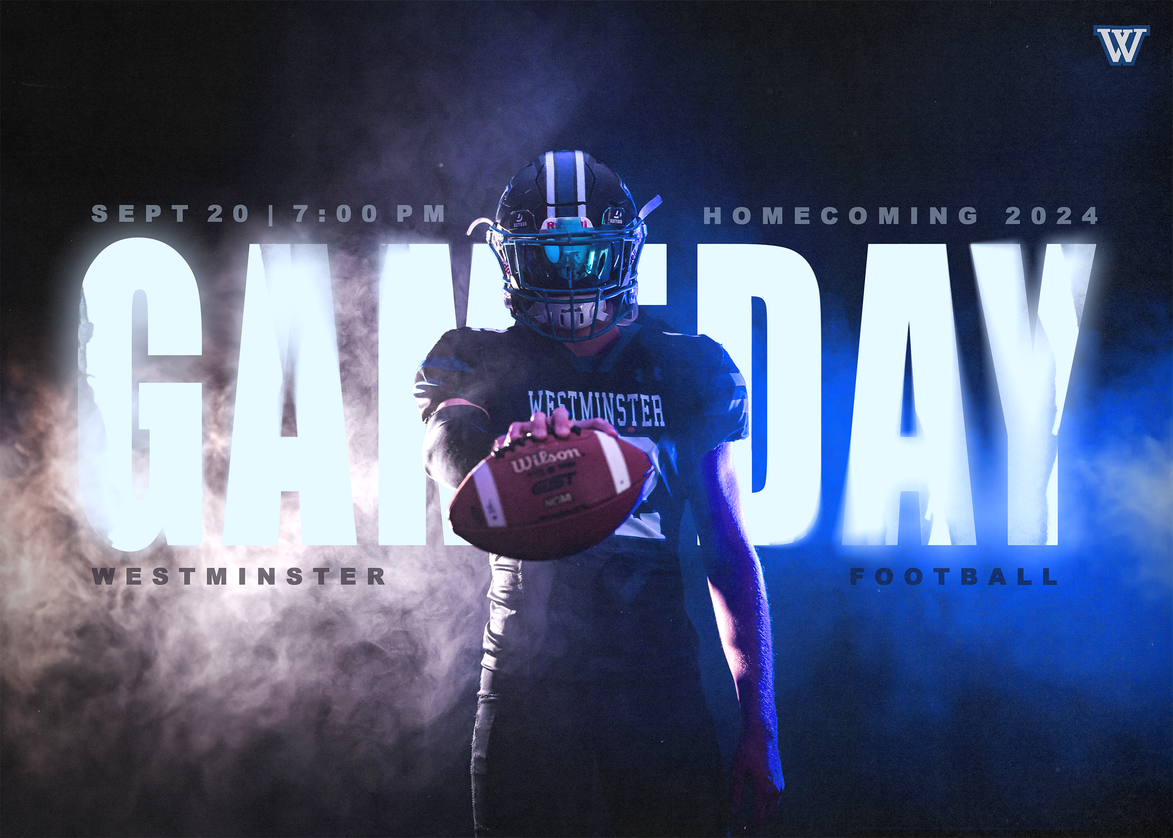 A football player in dark uniform and helmet standing in front of a smoky background with the words 'GAME DAY' and details of an event on September 20 at 7:00 PM. The player is holding a football.