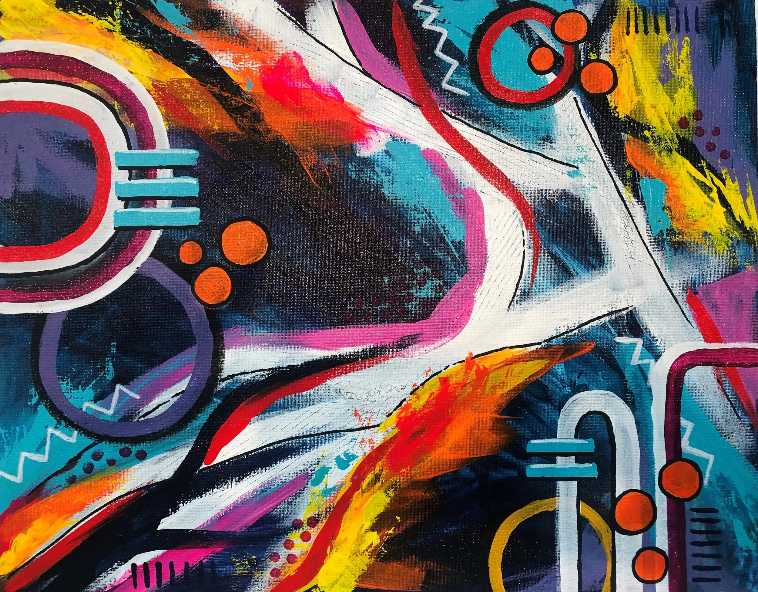 Abstract colorful painting with shapes, lines, and patterns in shades of black, white, blue, pink, orange, yellow, purple, and red.
