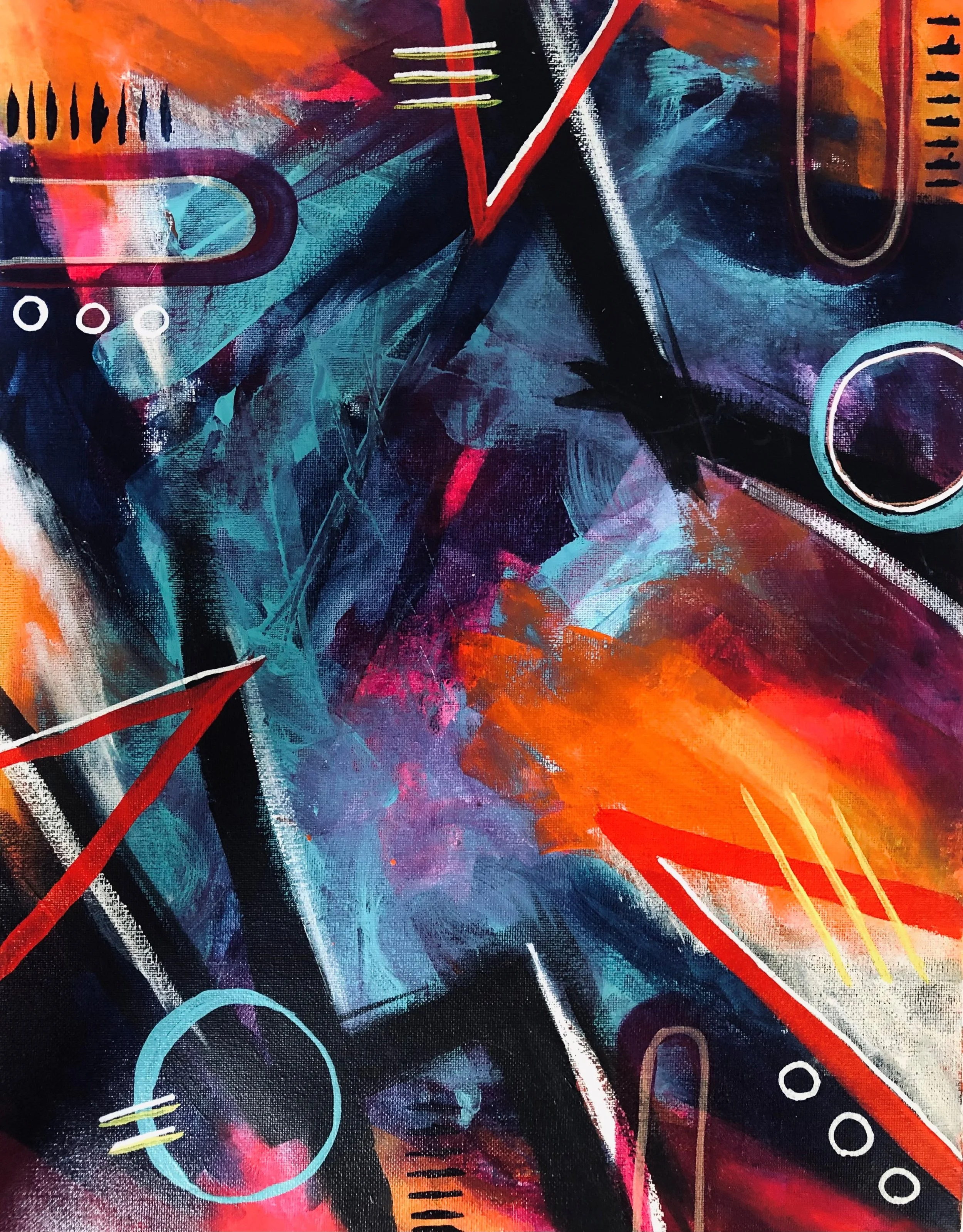 Abstract colorful painting with geometric shapes, lines, circles, and vibrant splashes of orange, pink, blue, purple, and black.