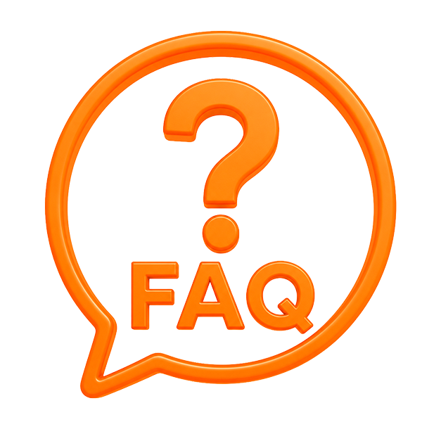 Orange speech bubble with a large question mark above the letters 'FAQ' inside the speech bubble.