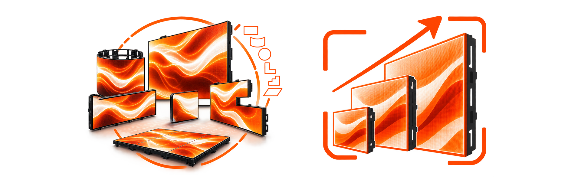 Different types of LED display panels, including a large curved screen, several rectangular screens, and smaller panels, all showing an orange and white abstract wave pattern.