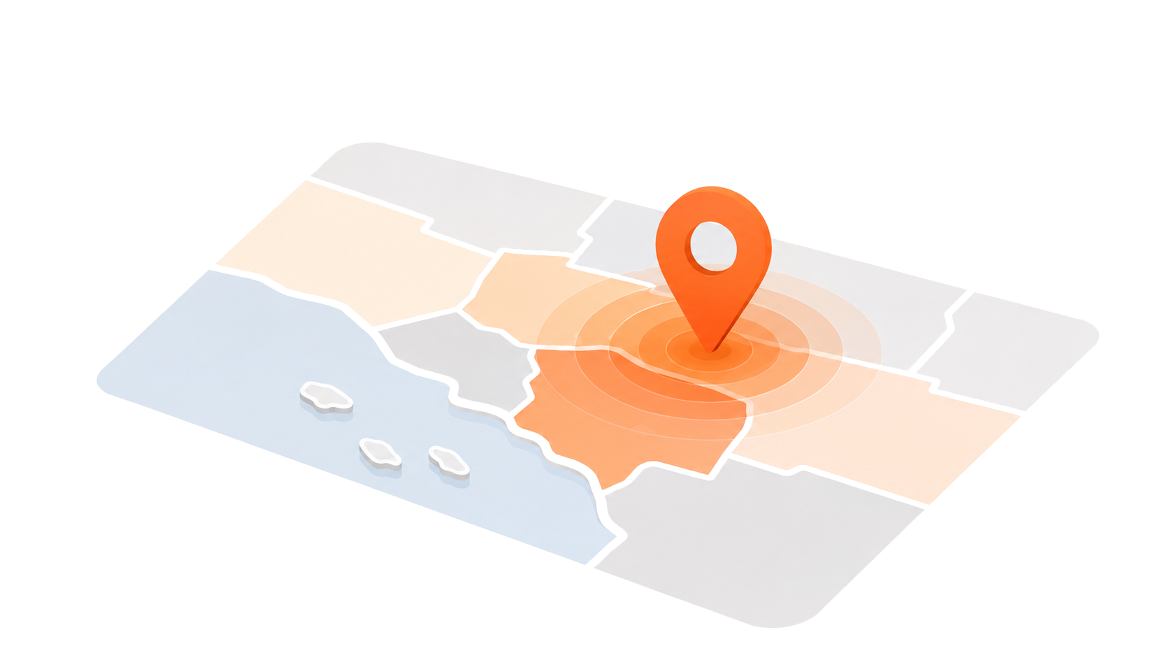3D map with a red location marker and concentric circles indicating a targeted area.