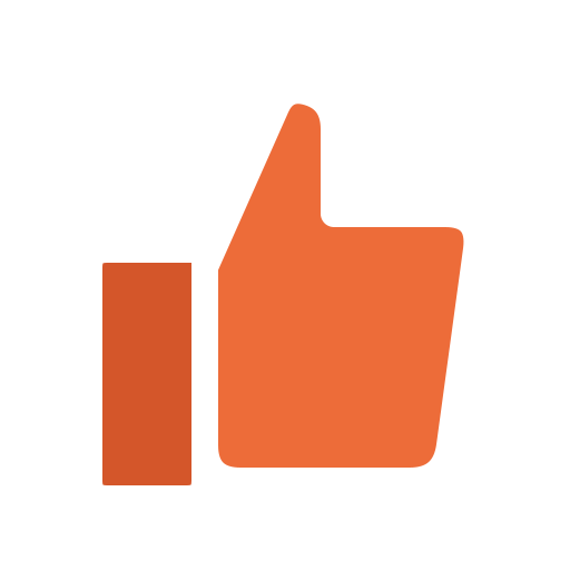 Thumbs-up icon in orange and white with a black background.