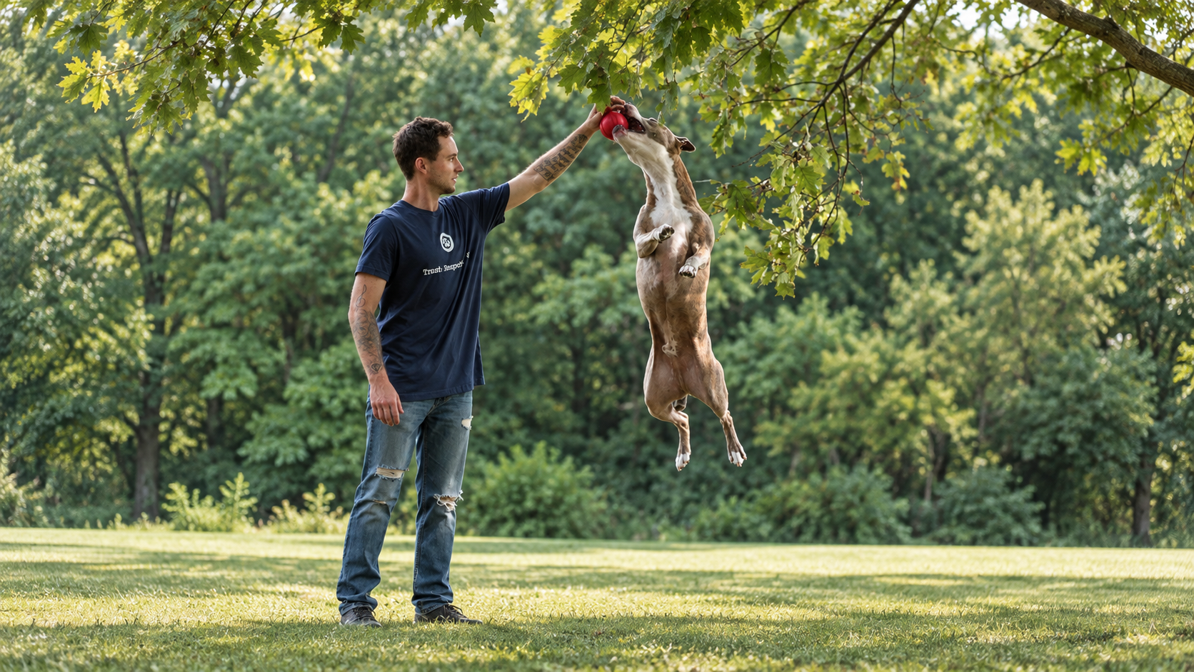 Man playing fetch with a jumping dog holding a red ball in a sunny park
