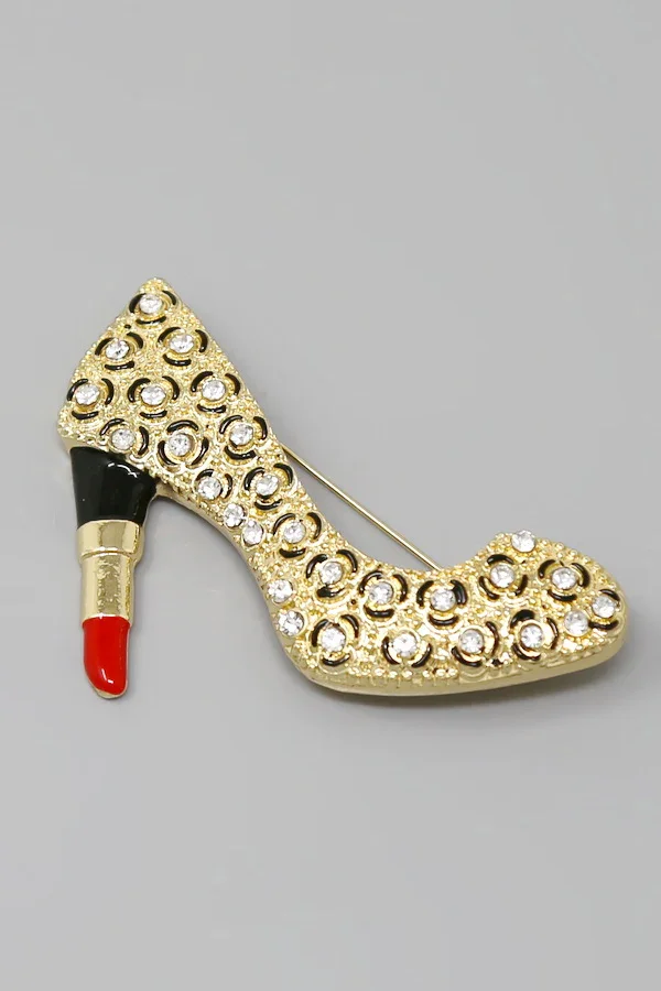 Gold Clear Lipstick High Heel Shoe Glass Stone Brooch