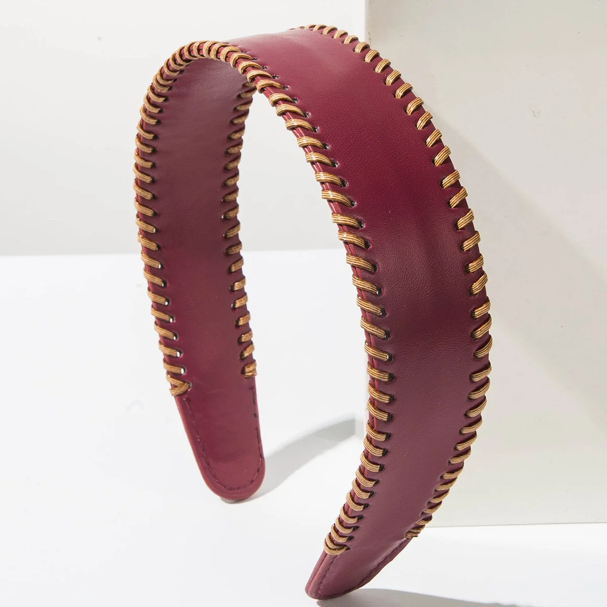 RED LEATHER GOLD STITCH HEADBAND