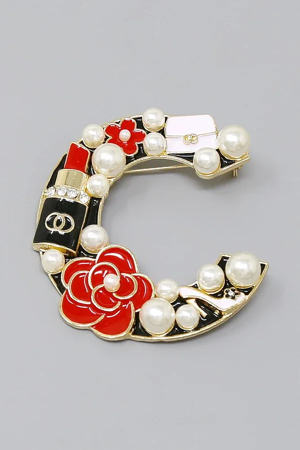 Red Lipstick Flower Enamel Brooch