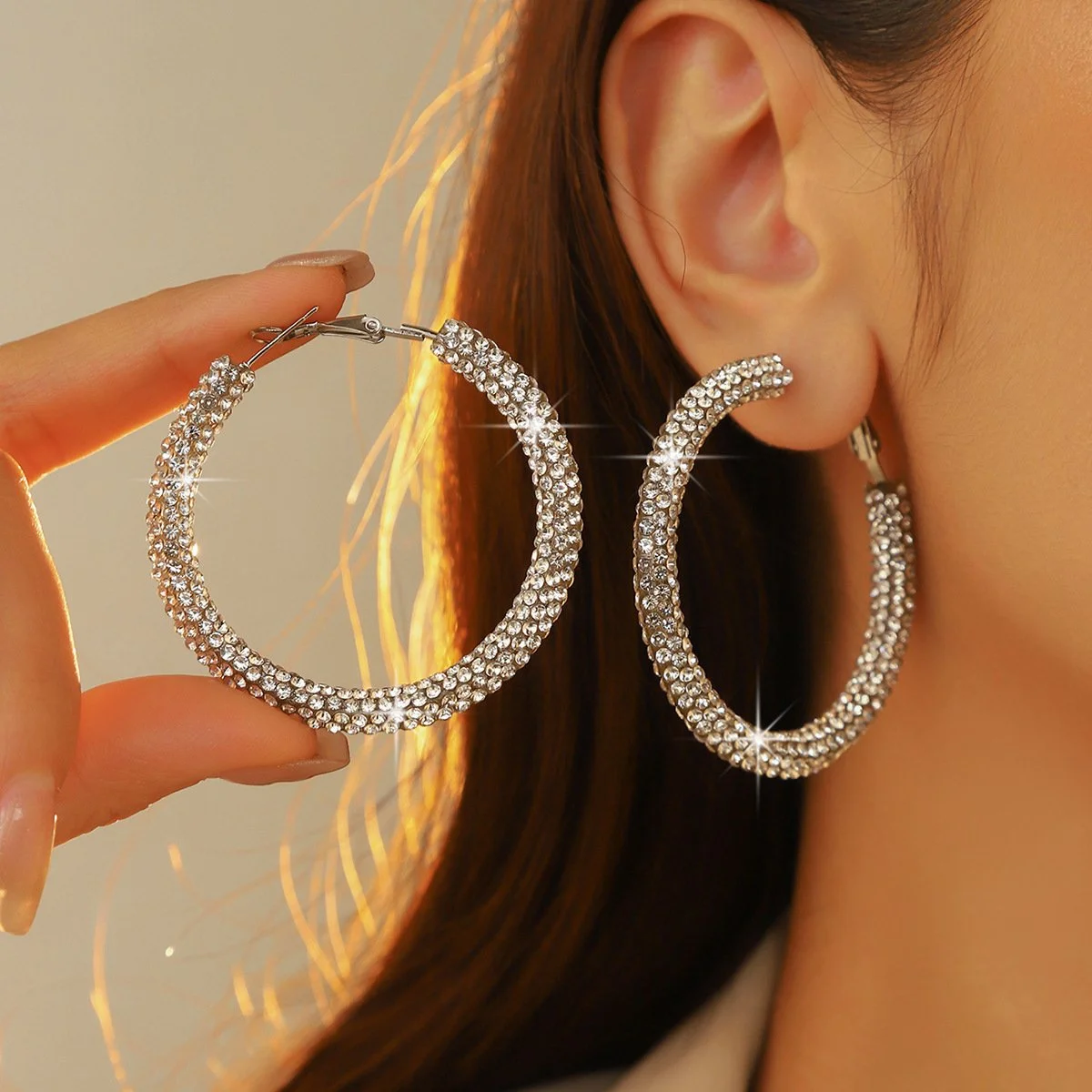 SILVER PAVE STONE HOOP EARRINGS