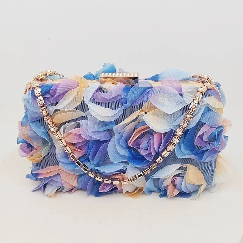 Purple Multicolor Rhinestone Handle Floral Purse