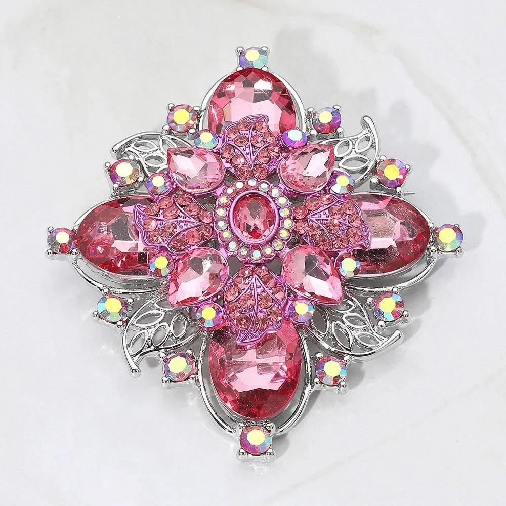 PINK Bold Vintage Floral Rhinestone Pin Brooch