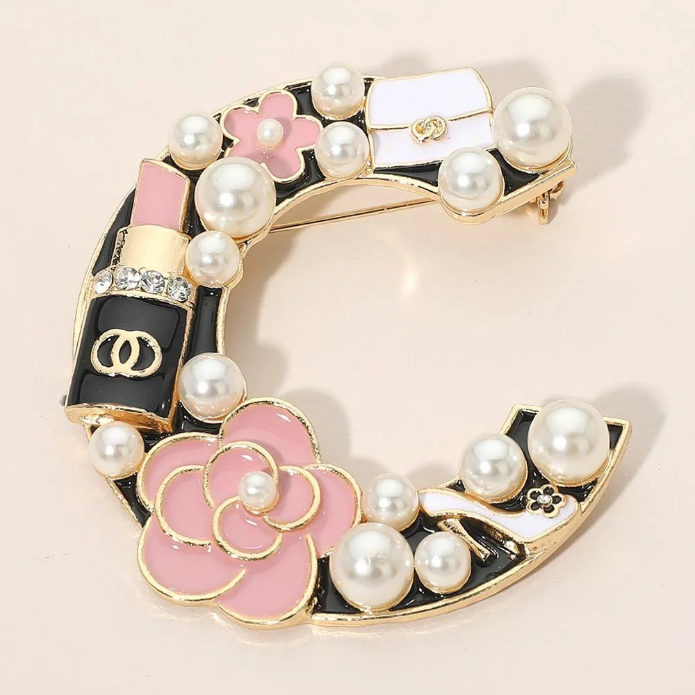 GOLD PINK Pearl Lipstick Flower Embellished Letter C Pin Brooch