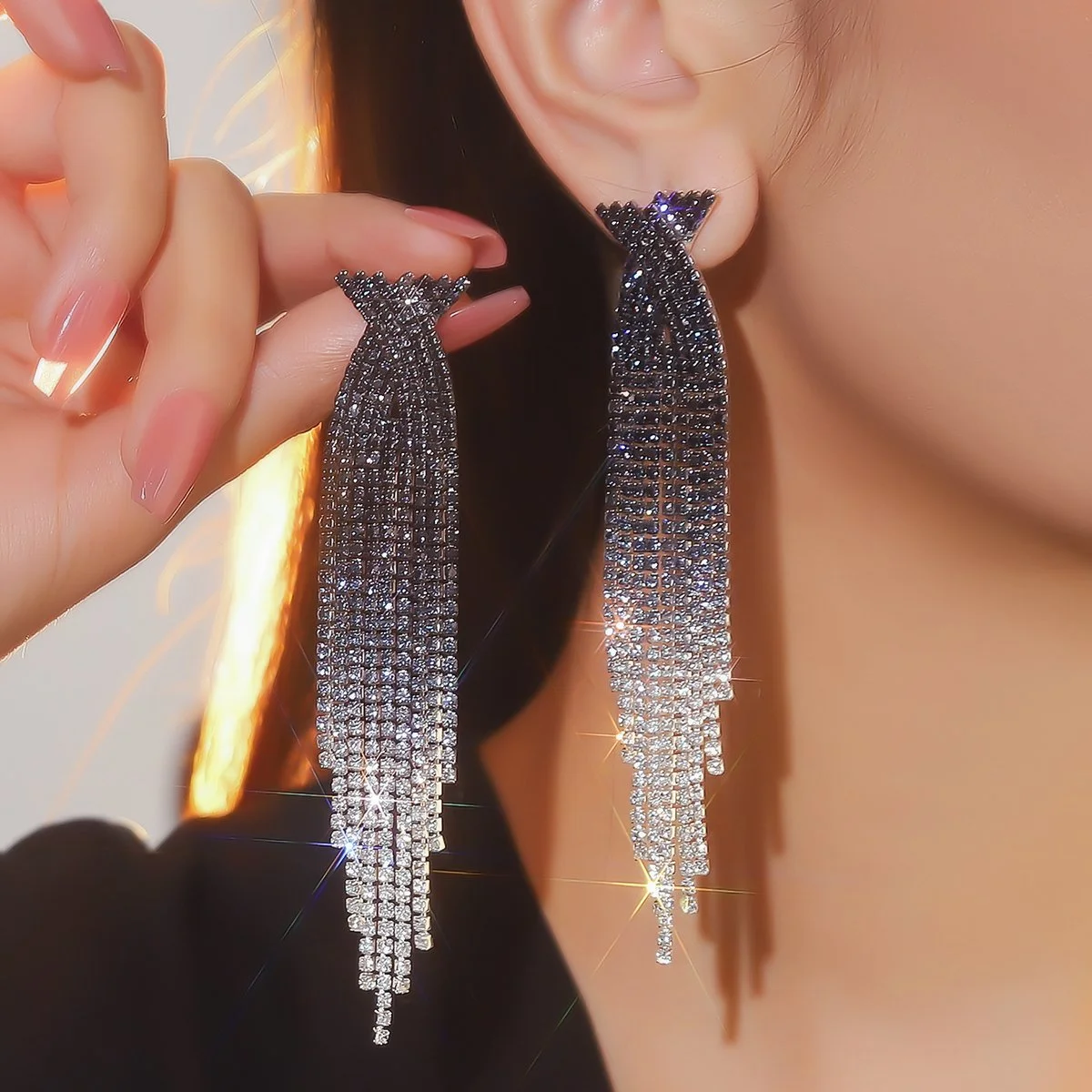 BLACK AND SILVER OMBRE TASSEL DROP STONE EARRINGS