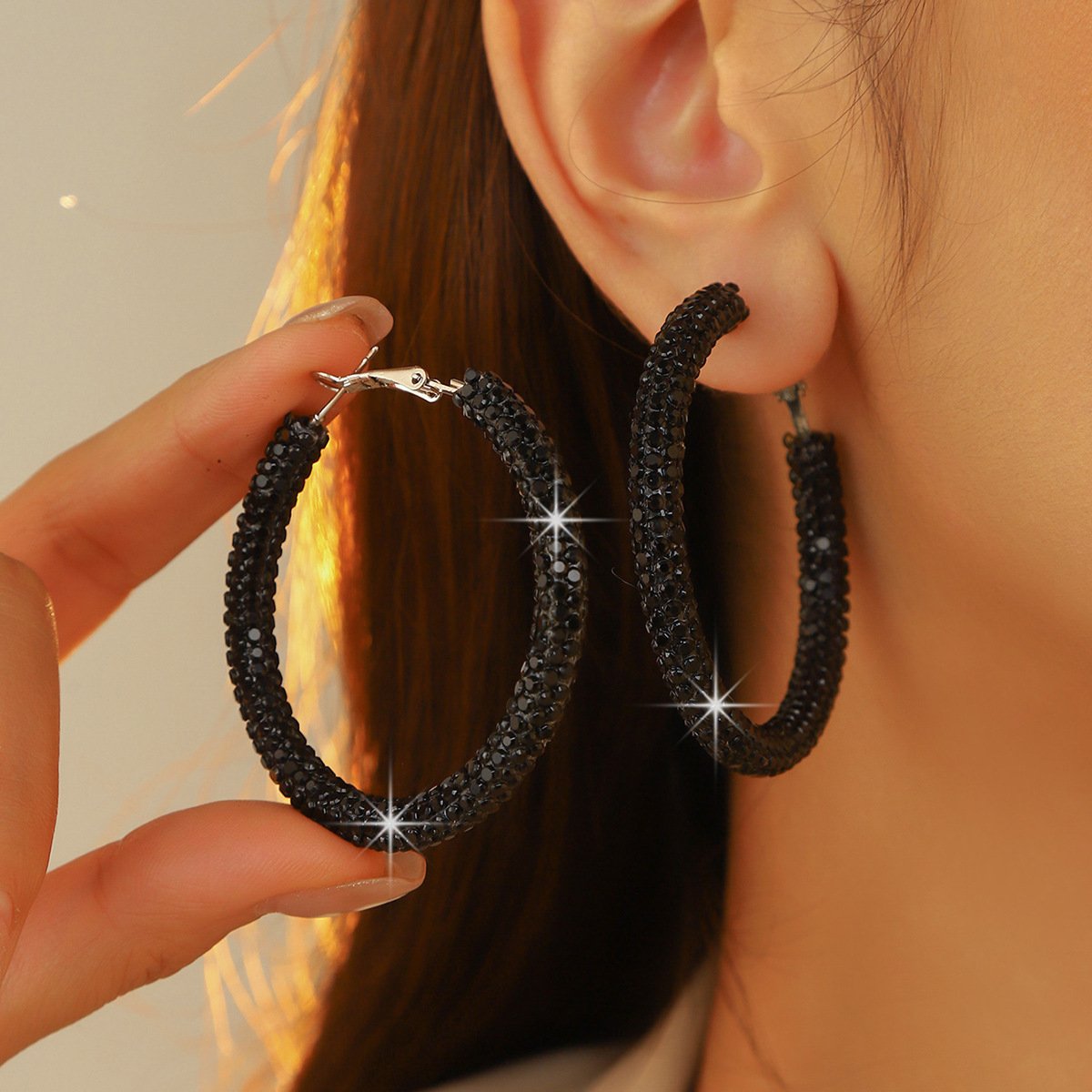 BLACK PAVE STONE HOOP EARRINGS