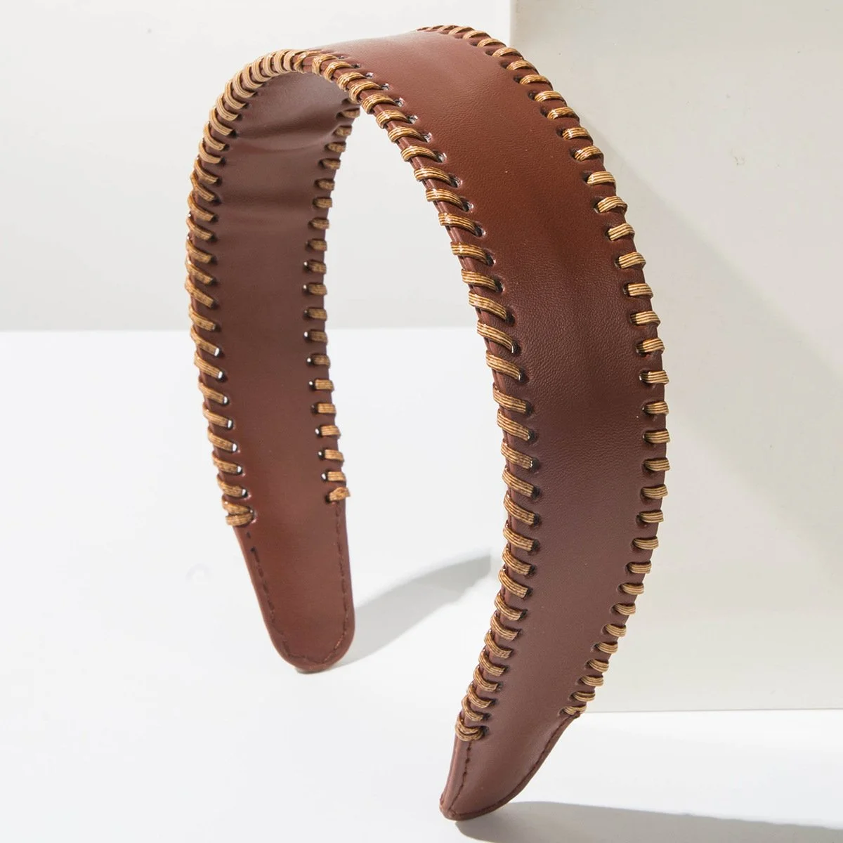 BROWN LEATHER GOLD STITCH HEADBAND