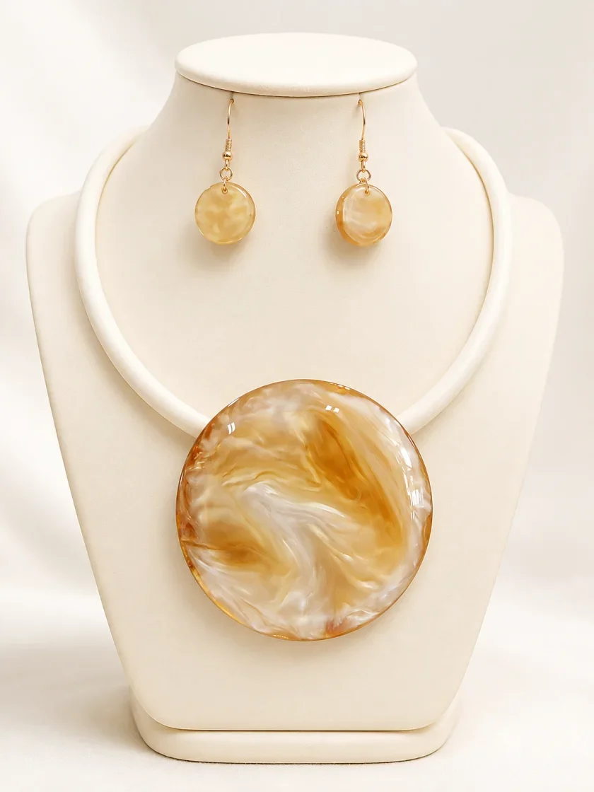 White Cord Gold Marble Round Pendant Necklace Set