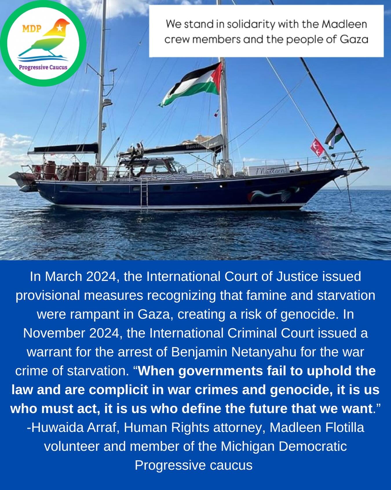 As the Madleen attempted to bring food and aid to the people of Gaza, Netanyahu once again violated international law by seizing the ship, which had a right to sail in international waters. The 12 member crew was arrested on international waters and 