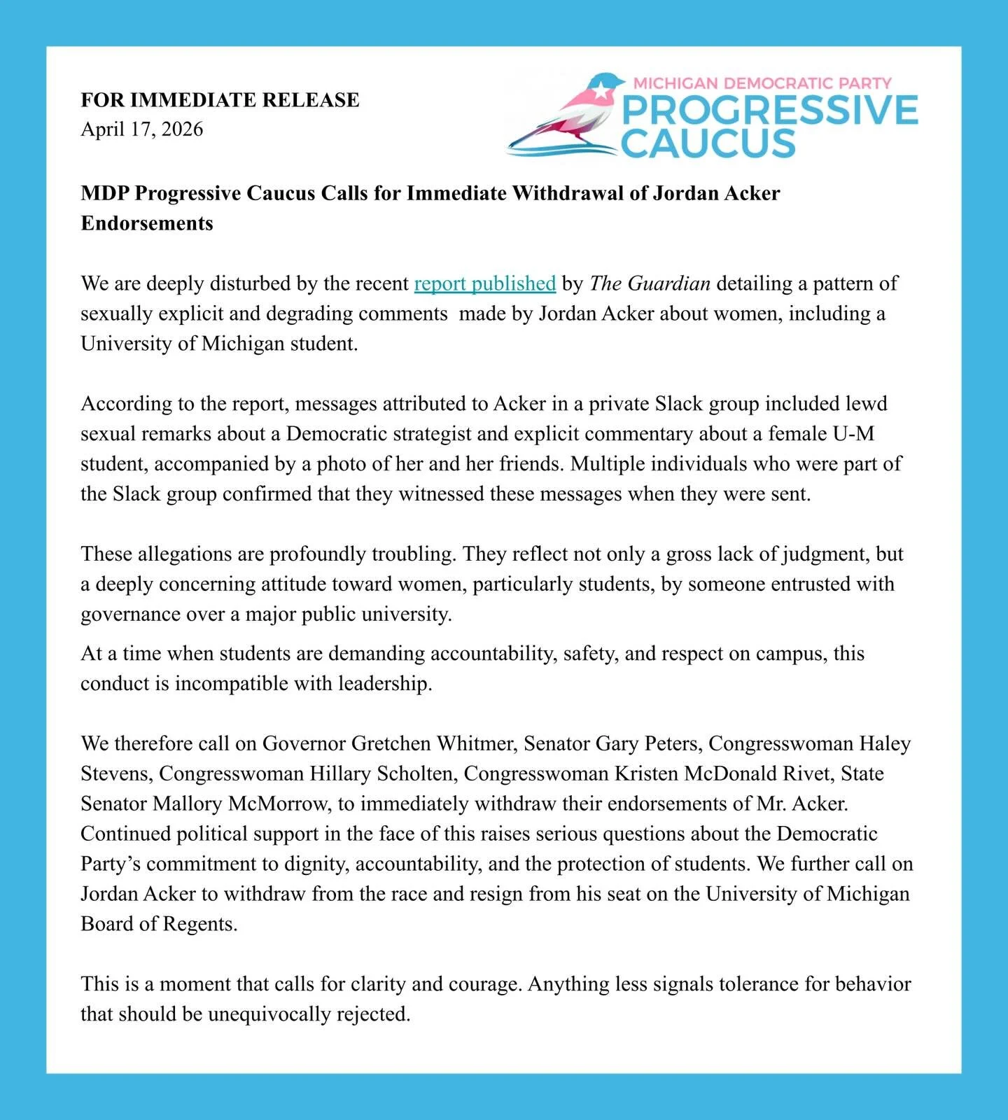 We call on Governor Gretchen Whitmer @whitmermi , Senator Gary Peters @garypeters , Congresswoman Haley Stevens @haleybooyah , Congresswoman Hillary Scholten @scholten4congress , Congresswoman Kristen McDonald Rivet @kmcdonaldrivet , State Senator Ma