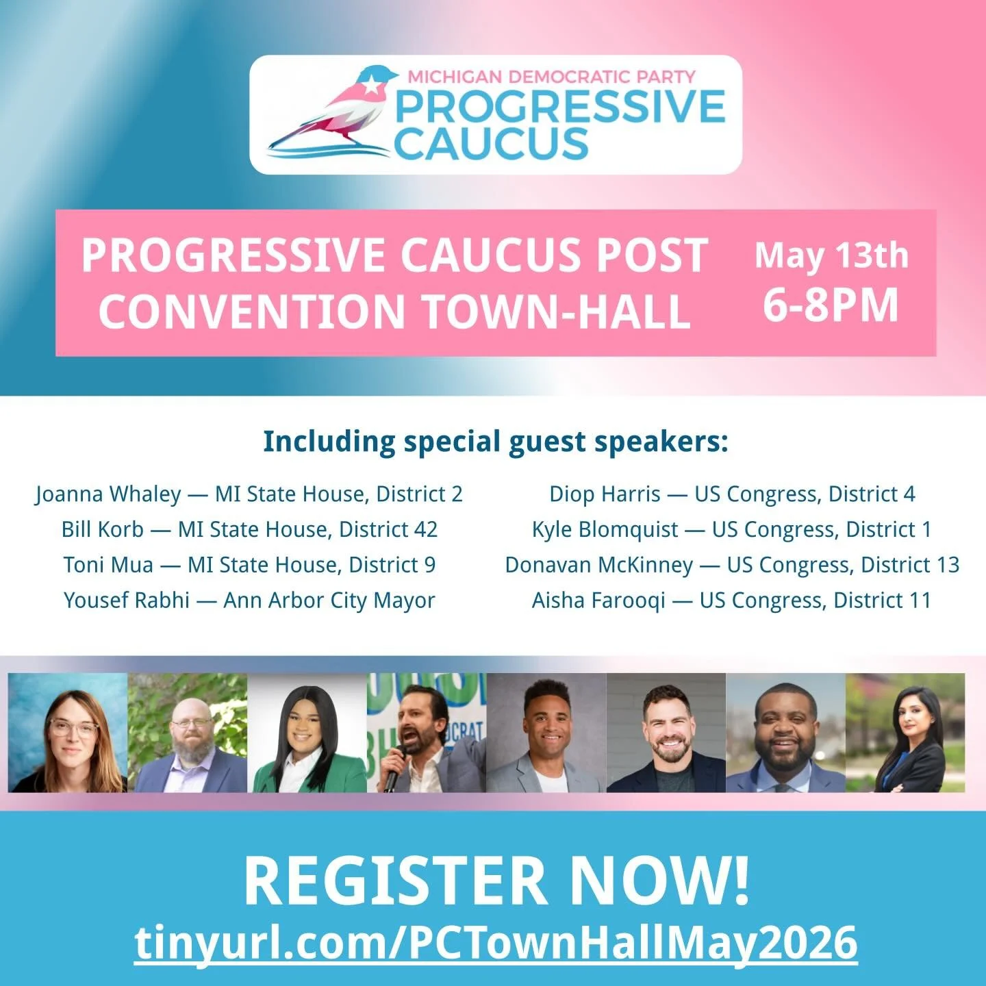 The Michigan Progressive Caucus is holding its virtual Post Convention Town Hall TONIGHT from 6:00-8:00pm!

Please join us to hear how you can get involved with our people-powered movement to elect progressives all across the state.

We are also havi