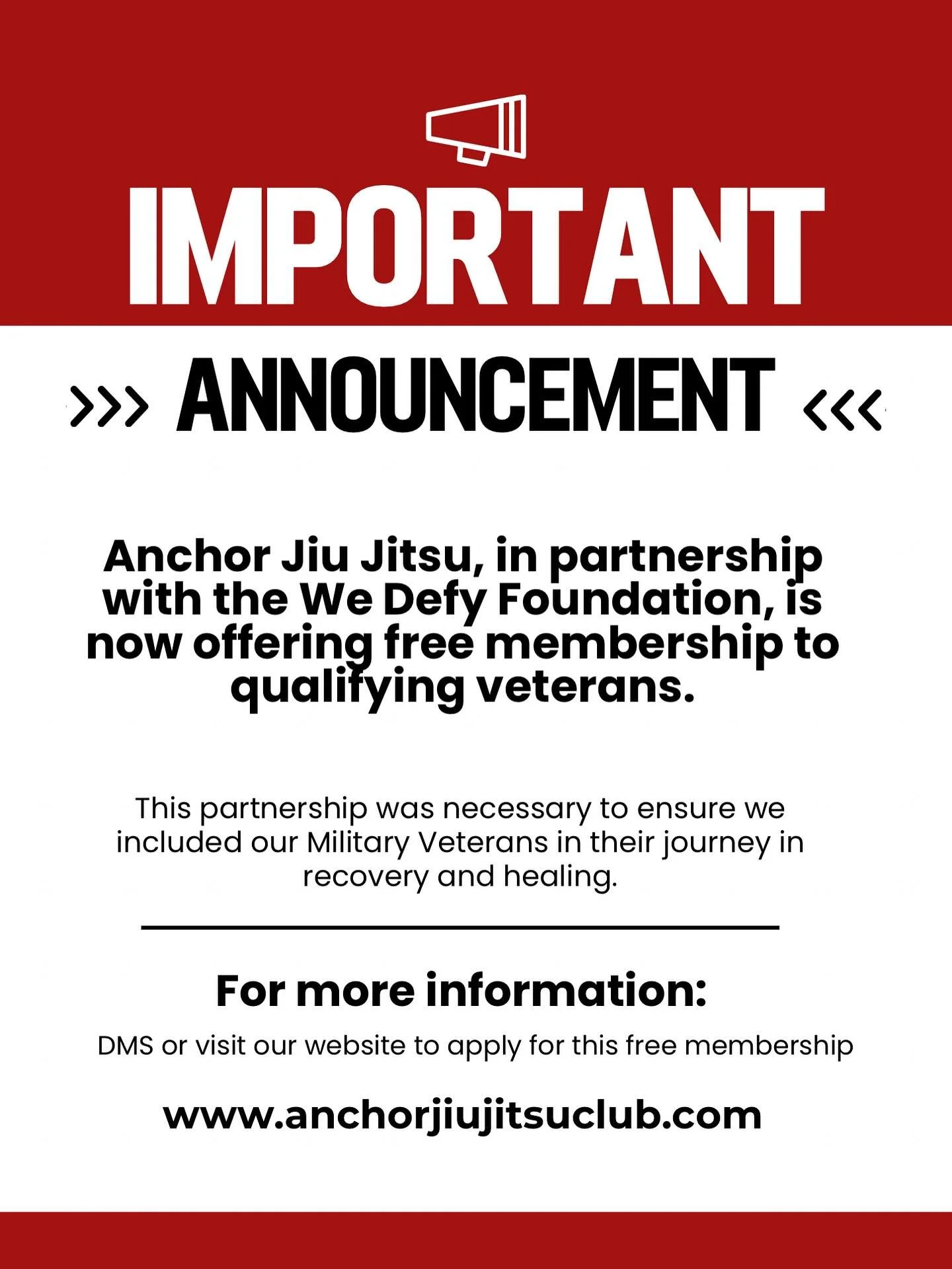 Anchor Jiu Jitsu Club and We Defy Foundation @wedefyfoundation have teamed up to provide a great benefit for Chino and the surrounding communities. This partnership offers qualifying veterans a free membership, giving them access to the physical and 