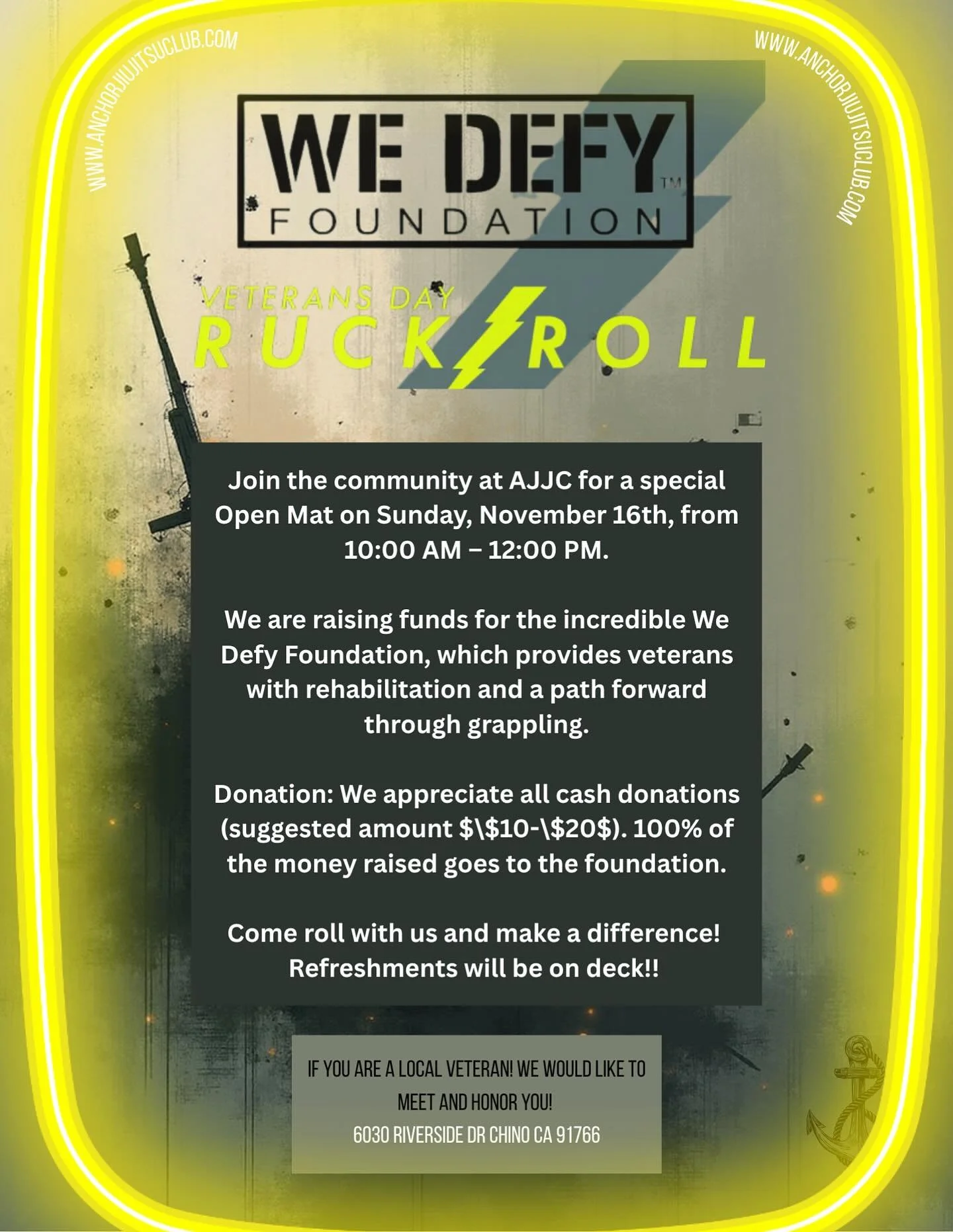 We Defy: Veterans Day Ruck &amp; Roll Fundraiser! 
This November, we&rsquo;re putting our mats to work for a meaningful cause. Anchor Jiu Jitsu is proud to host a benefit roll to raise funds for the incredible We Defy Foundation, an organization that