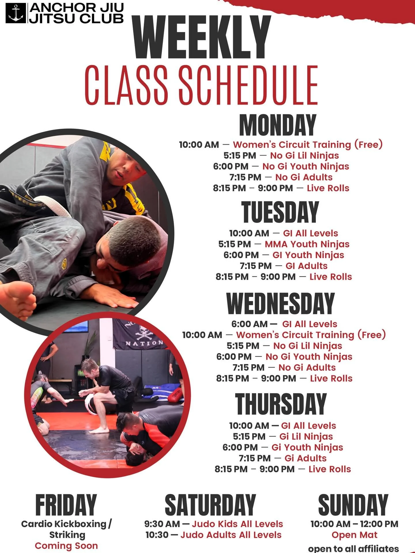 ⚓️ Ready for a Change? New Schedule is Live!
Sometimes, all you need is a fresh start and a new routine. If you&rsquo;ve been looking for something different to add to your life, now is the perfect time to step onto the mats at Anchor Jiu Jitsu Club.
