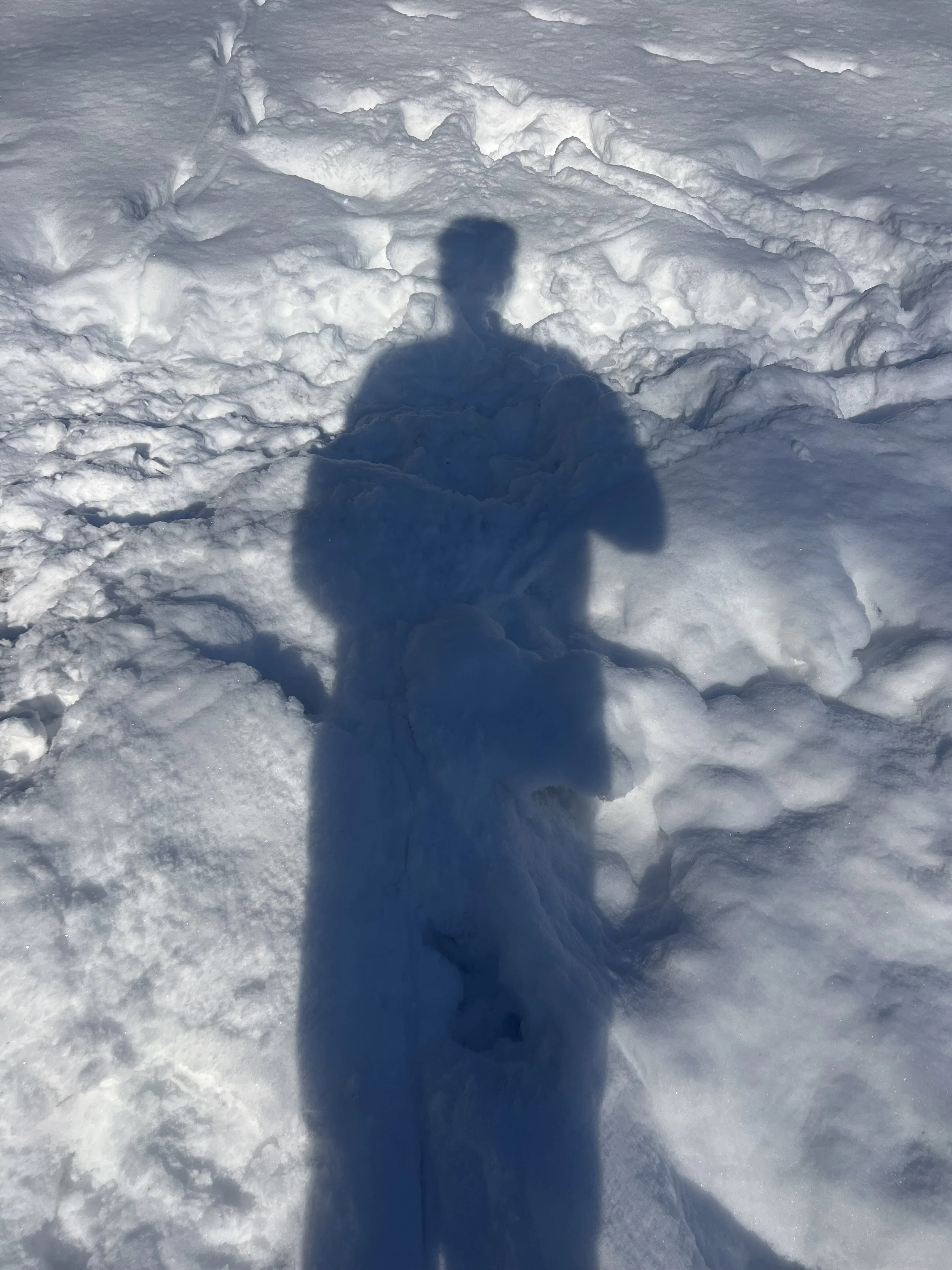 A shadow of a man cast on the snow