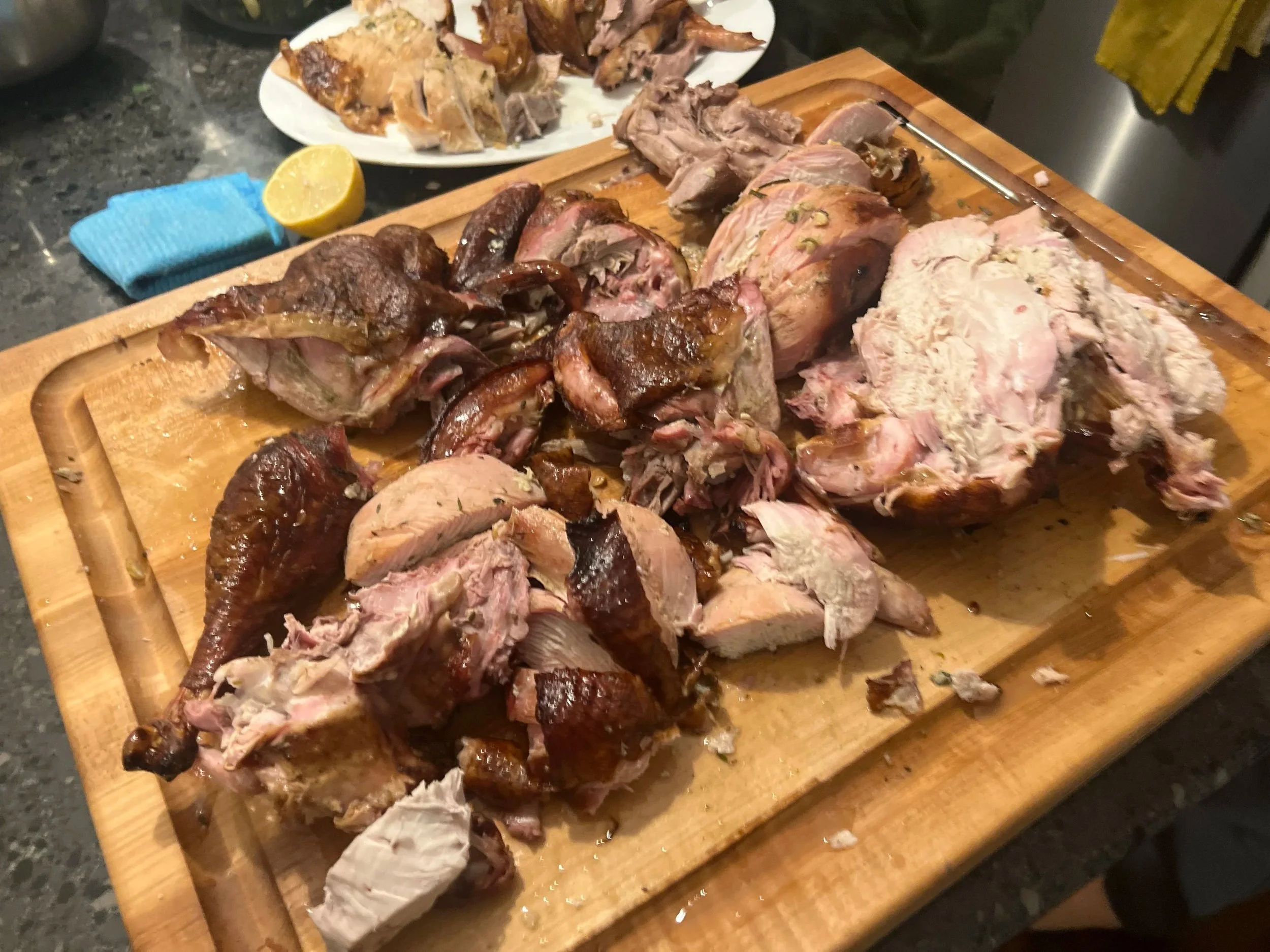 Turkey carved on a wood cutting board