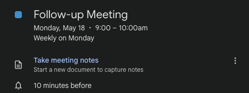 Calendar invite for a follow-up meeting