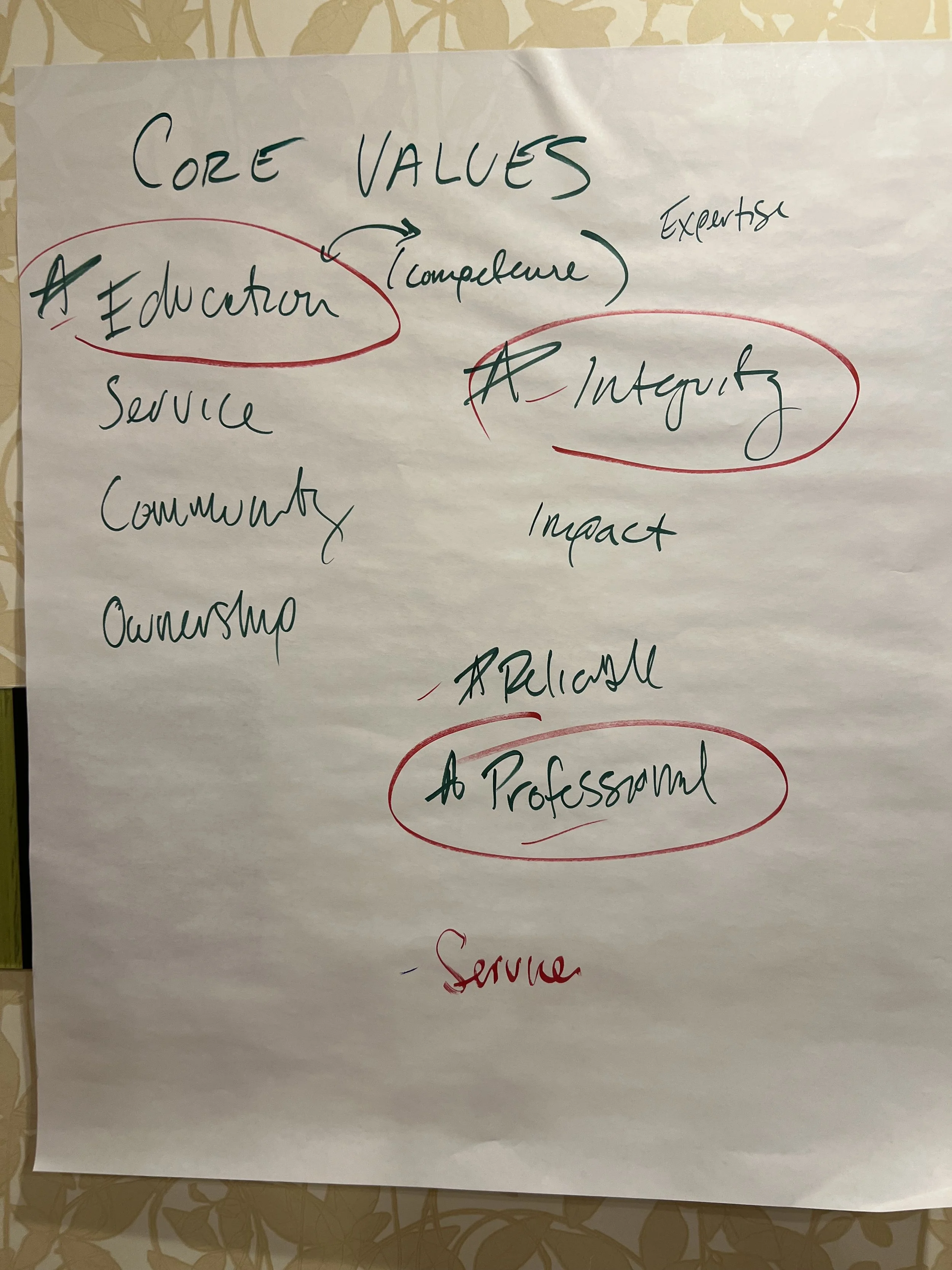 Core values listed on a large piece of white paper in permanent marker