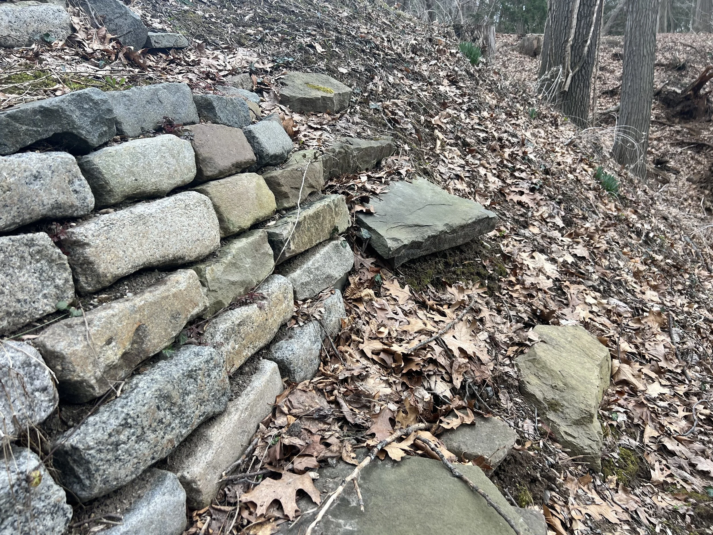 A worn set of stairs built out of pavers among leaves