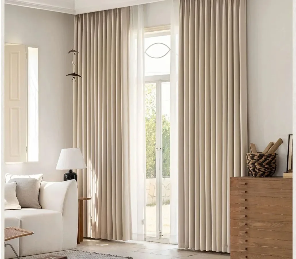 Custom Drapery - Beige drapes with electronic device.