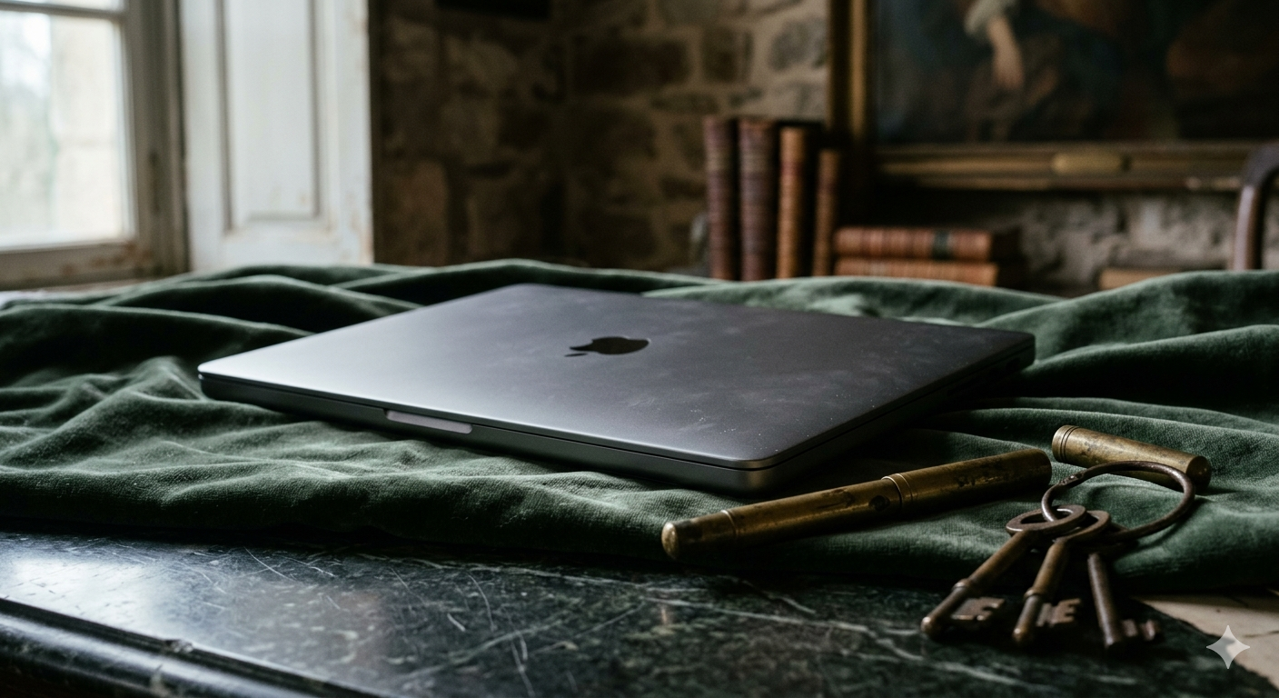 A closed laptop resting on dark green velvet cloth on a black wooden table with vintage keys and a brass pen in front. In the background, there are books and a painting in a cozy, rustic room with a window and stone walls.