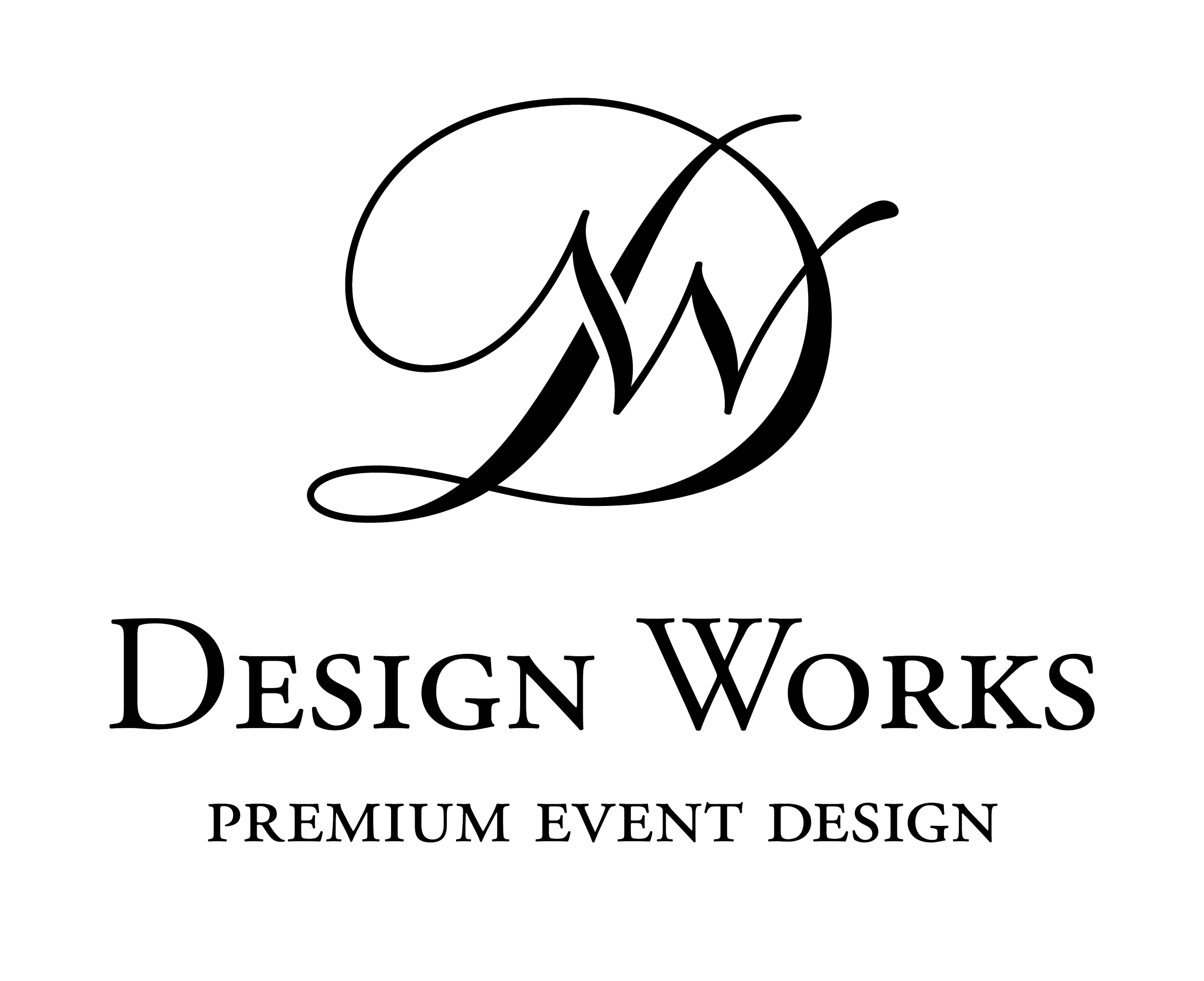 Black and white logo for Design Works, featuring stylized cursive 'D' and 'W' with text 'Design Works' and subtitle 'Premium Event Design'.