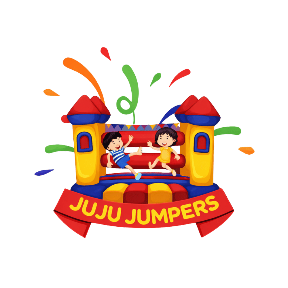 Children playing in a colorful inflatable bounce house with turrets, decorated with green, orange, and red splashes, and a red banner reading 'JUJU JUMPERS'.