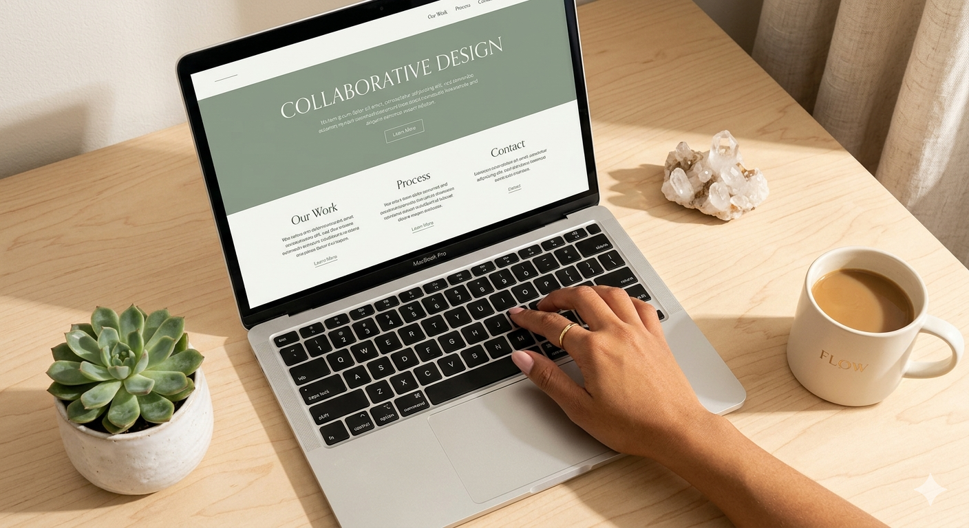 A person working on a MacBook Pro laptop on a wooden desk, with a succulent plant in a white pot, a white coffee mug with the word 'FLOW' on it, and a cluster of crystals. The laptop screen shows a website with the heading 'COLLABORATIVE DESIGN'.