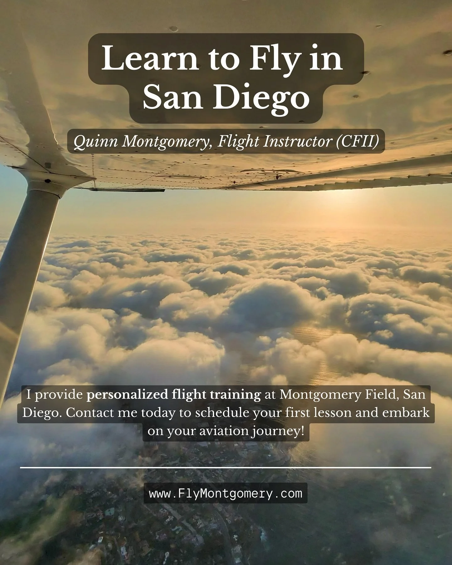 Learn to fly in San Diego! Whether you're chasing a new career or looking for a thrilling hobby, I'll guide you every step of the way with personalized flight instruction. 

#flymontgomery #flighttraining #generalaviation