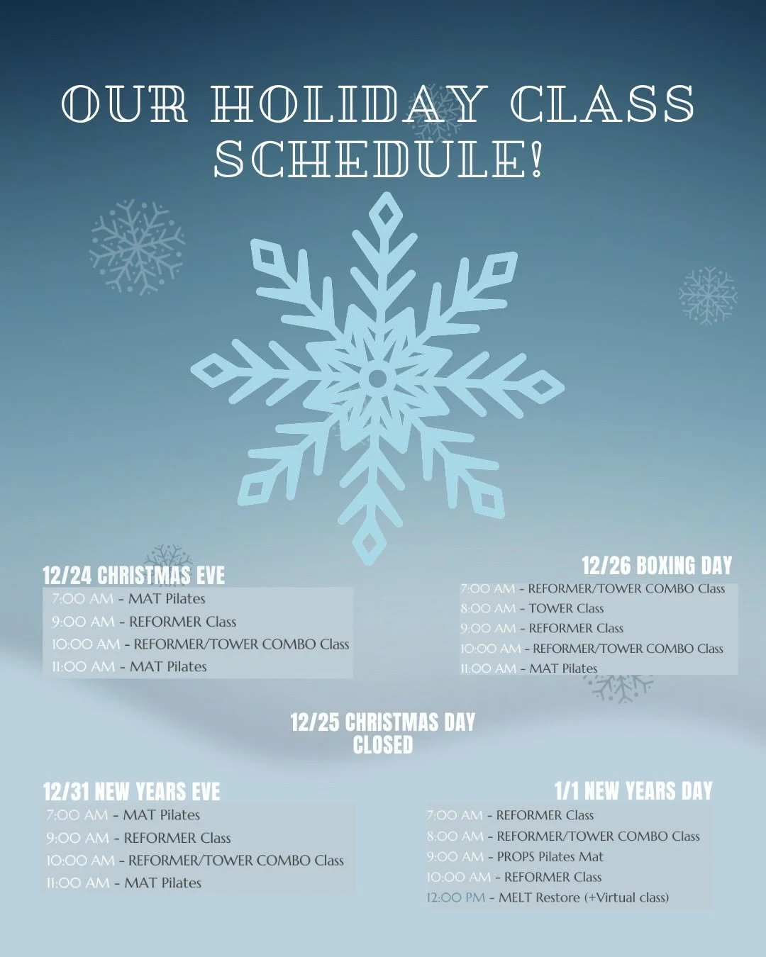 ✨Our holiday schedule is officially here! ❄️💚
The holiday season is all about slowing down, sharing moments with the people you love, and taking care of one another.
If you&rsquo;re looking for a thoughtful gift, a Pilates gift certificate is the sw
