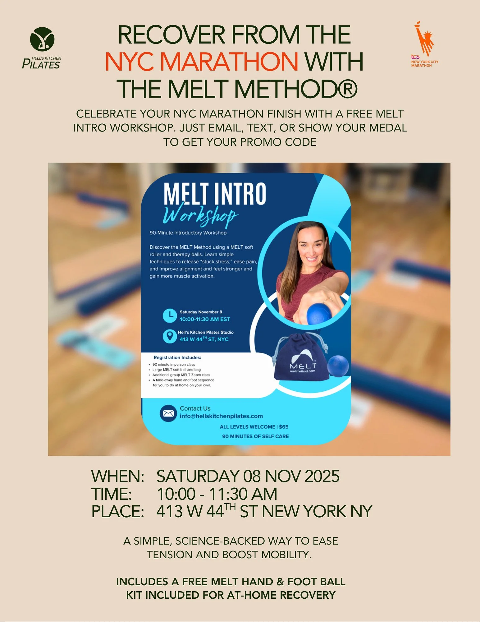 Flyer for a MELT intro workshop to recover from the NYC Marathon, featuring event details including date, time, location, and contact information, with a blue-themed design and image of a woman with a Pilates ball.
