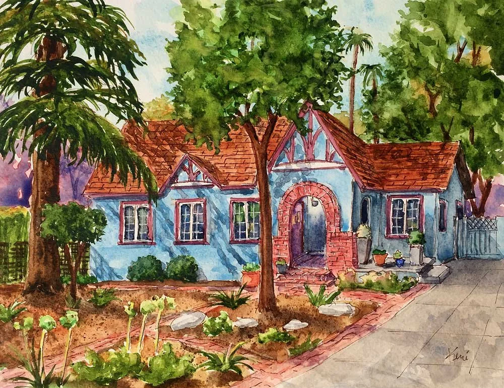 Watercolor painting of a blue house with a red-tiled roof, surrounded by trees, shrubs, and potted plants, with a sidewalk in front.