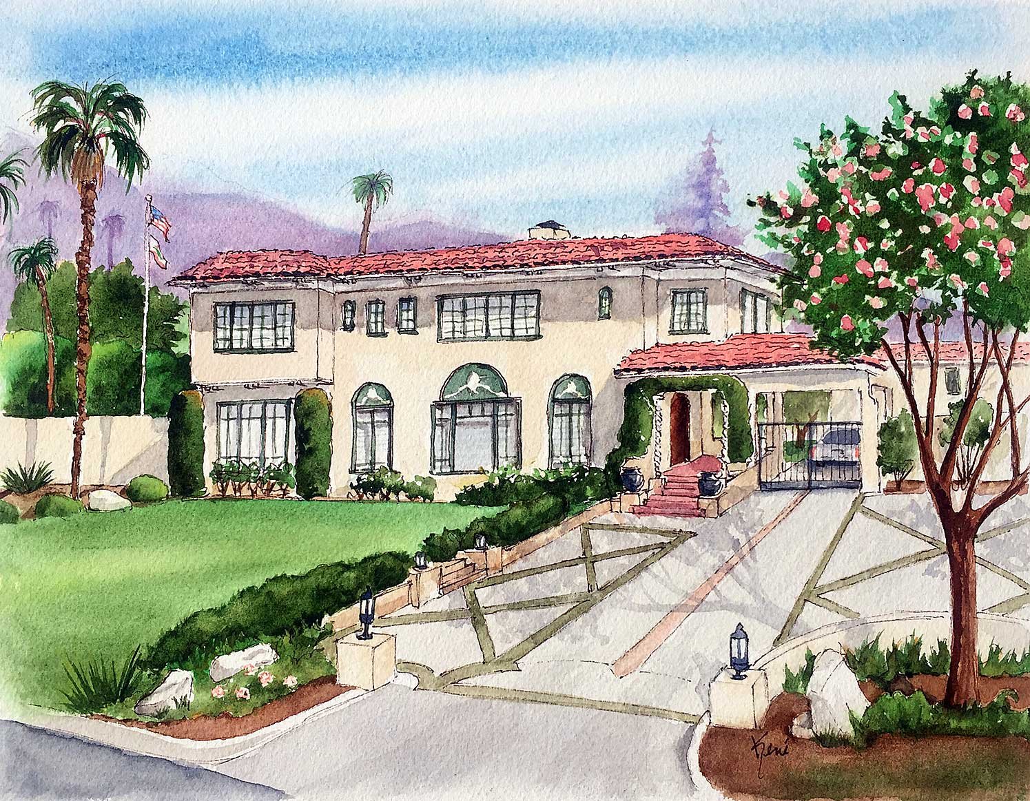 Watercolor painting of a two-story house with a red-tiled roof, surrounded by trees, including palm trees and a flowering tree, with a gated driveway and landscaped garden.