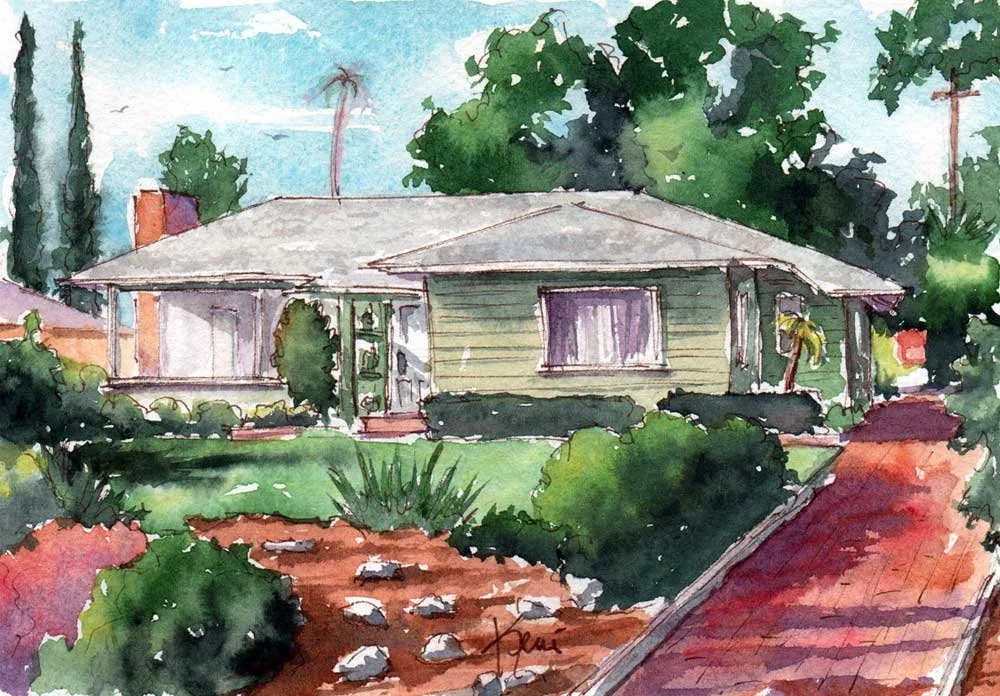 Watercolor painting of a single-story house with a light green exterior, purple curtains, and surrounded by lush greenery, trees, bushes, and a garden, with a brick pathway leading to the house.