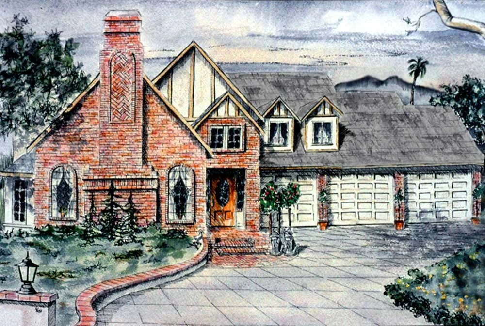 Watercolor painting of a brick house with a three-car garage, chimney, and front yard with plants and trees.
