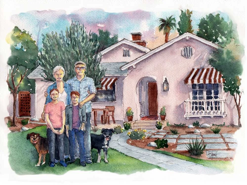 Watercolor painting of a family standing in front of a pink house with a striped awning, surrounded by trees and landscaping.