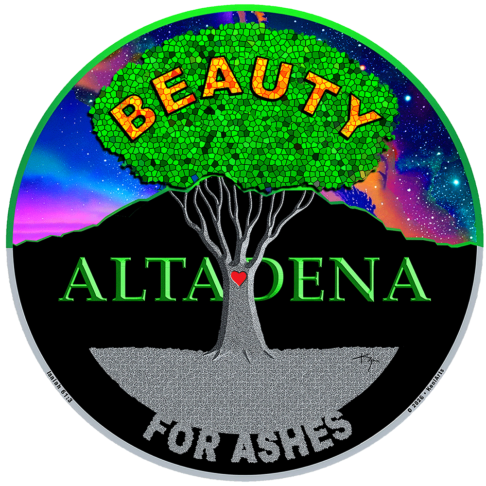 Colorful circular emblem with a tree featuring a galaxy background, green leaves spelling 'BEAUTY', and text 'ALTADENA' in green and 'FOR ASHES' in gray.