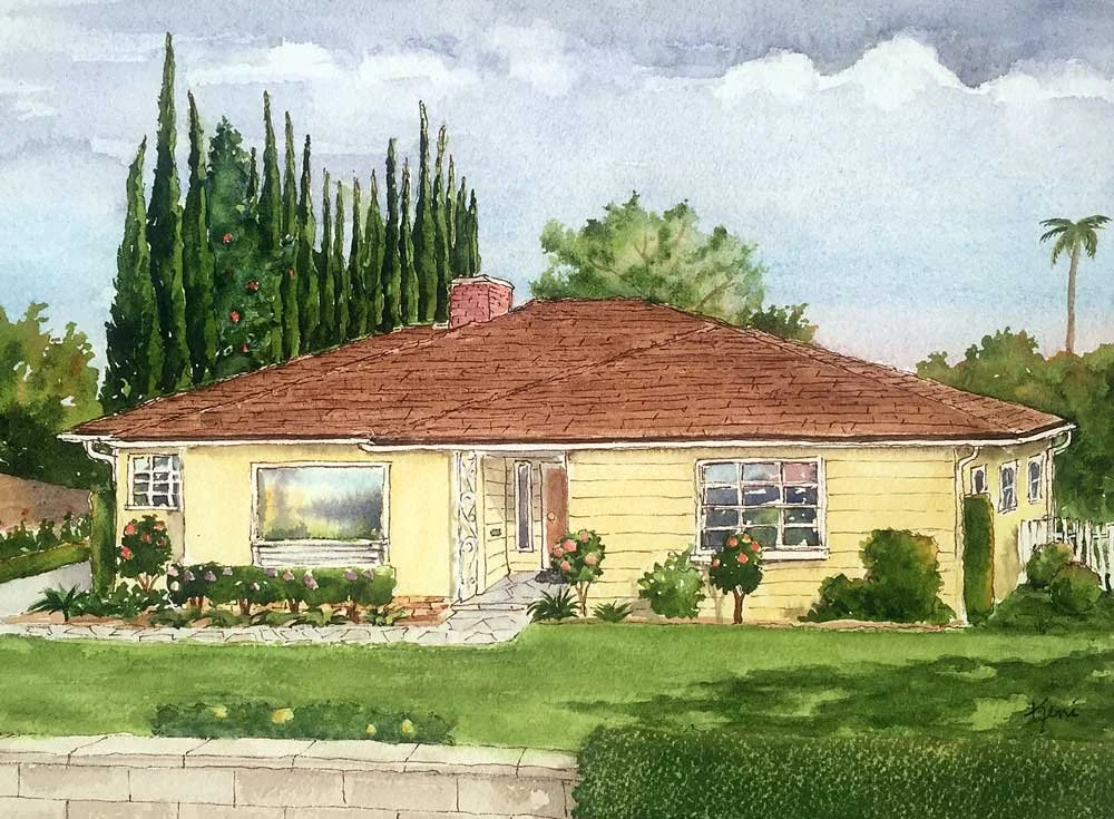 Watercolor painting of a yellow house with a brown tile roof, surrounded by green bushes and trees, with a clear sky in the background.