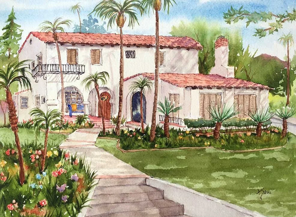 Watercolor painting of a Mediterranean-style house with a red-tile roof, surrounded by lush greenery, palm trees, and colorful flowers, with a stone pathway leading to the entrance.