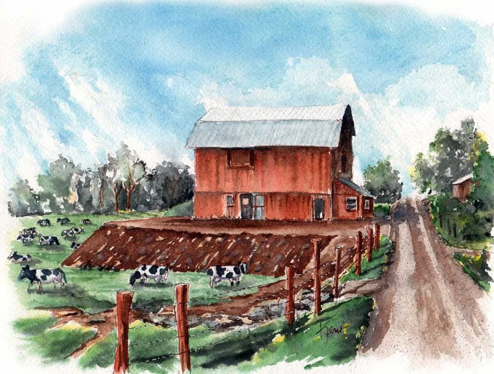 Watercolor painting of a farm scene with a large red barn, cows grazing in the green pasture, and a dirt road leading to the barn. Trees and blue sky with clouds in the background.